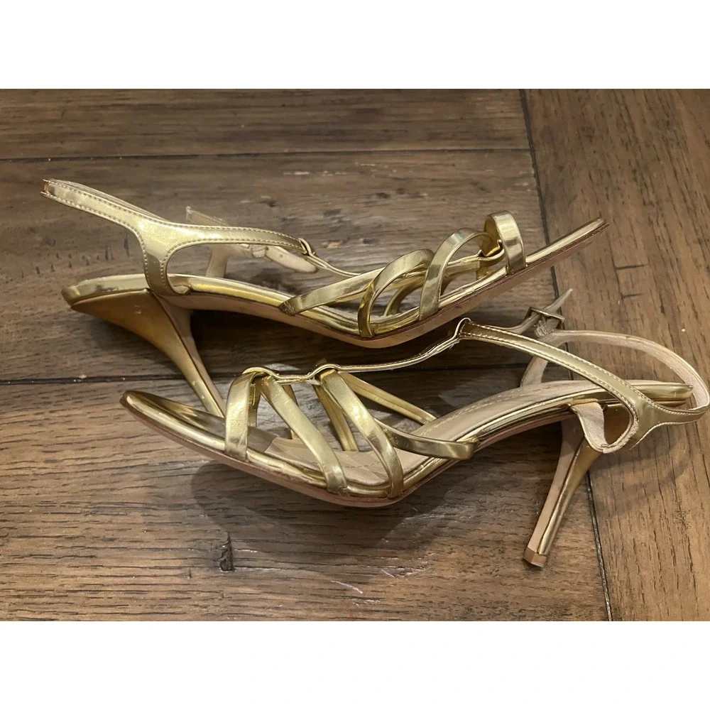 KATE SPADE Women's Sz 8.5 B Metallic Gold Leather Ankle Strap Pumps Heel Sandals